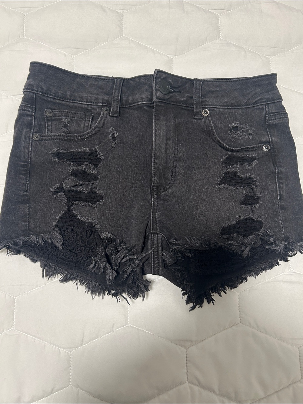 American Eagle Black Distressed Women’s Denim Shorts with Lace Insets